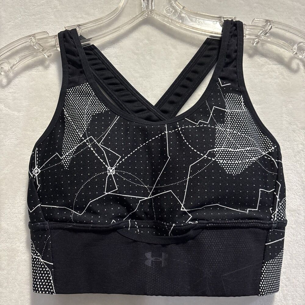 Under Armour Mid Crossback Printed Sports Bra Black Padded Wide Band XS Workout